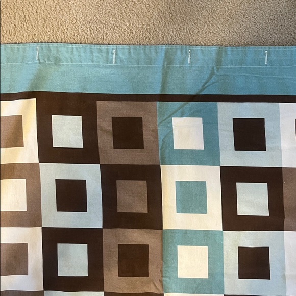 Shower curtain in Geometric Patterned Fabric in Dark  Brown, Taupe and Teal Blue - Picture 2 of 3